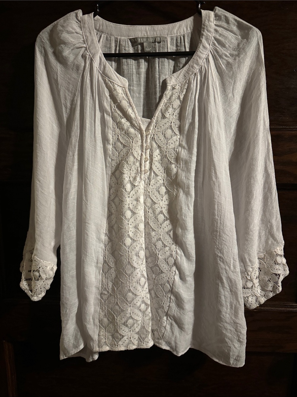 Valerie Stevens White Lace-Front Peasant Tunic, Size L